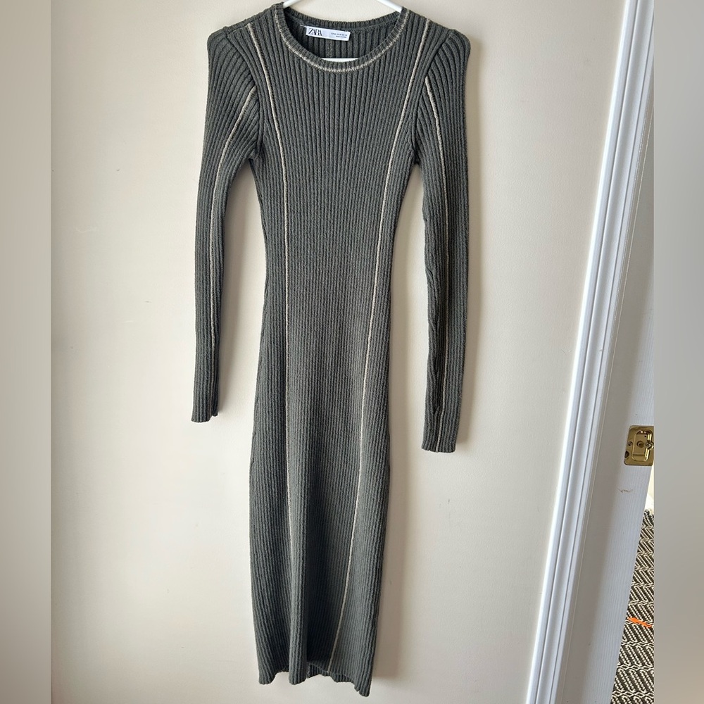 Zara green Long Sleeve Ribbed Dress